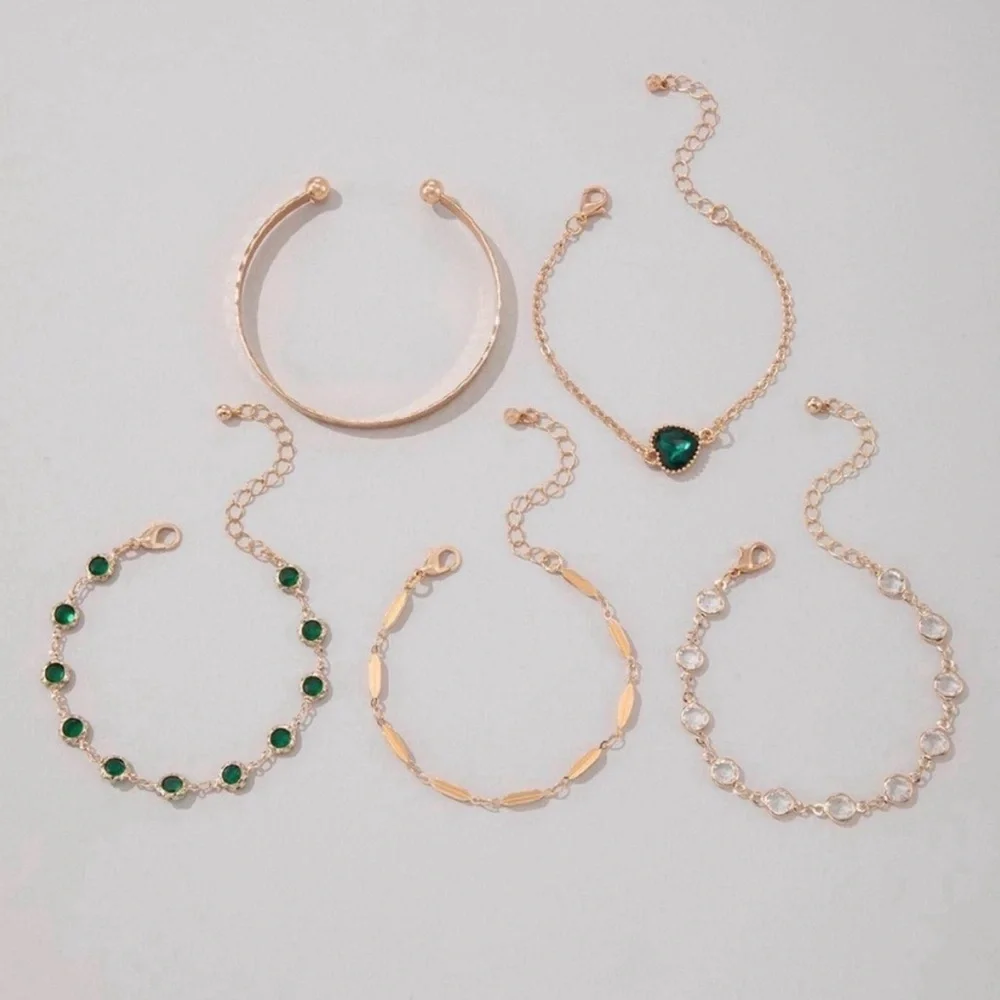 Gold and Emerald Multi-Layer Bracelet Set - Elegant Women's Jewelry